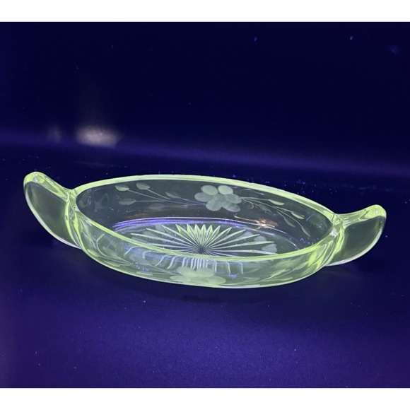 Unmarked Other - Vtg Manganese‎ Cut Glass Canoe Floral Handled Pickle Nappy Dish Relish Bowl MCM
